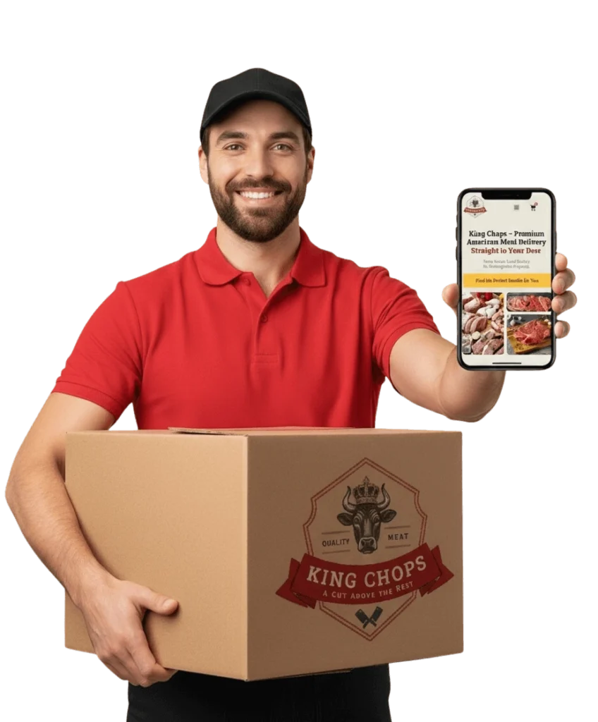 Man holding a box from King Chops and a smartphone showing the King Chops' website.